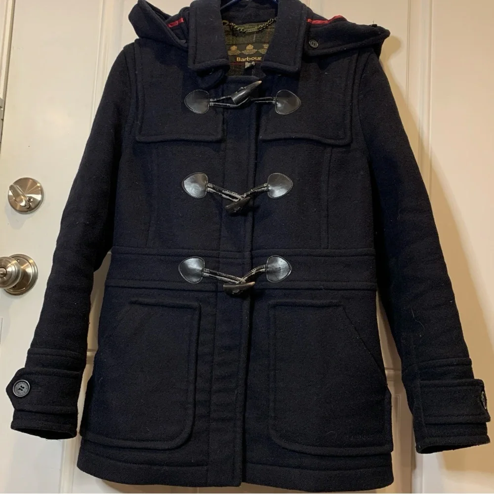 Barbour Vintage Buttermere Wool Toggle Hooded Duffle Coat Peacoat Size 6 - Picture 3 of 11